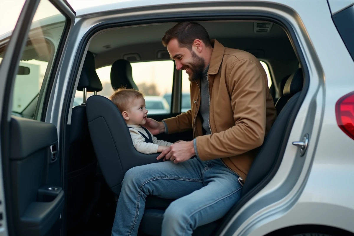 Père français attachant son enfant dans une voiture au supermarché