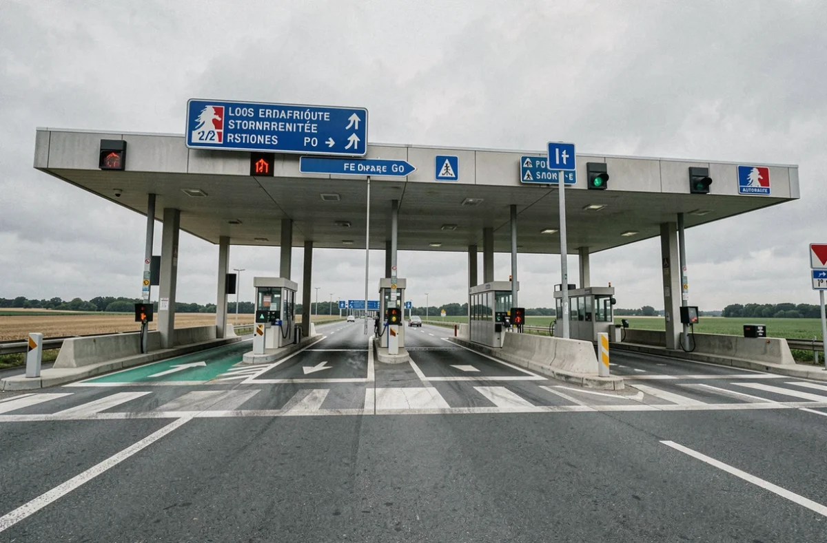 Péage d'autoroute en France avec signalisation indiquant un tronçon gratuit, vue extérieure grand angle