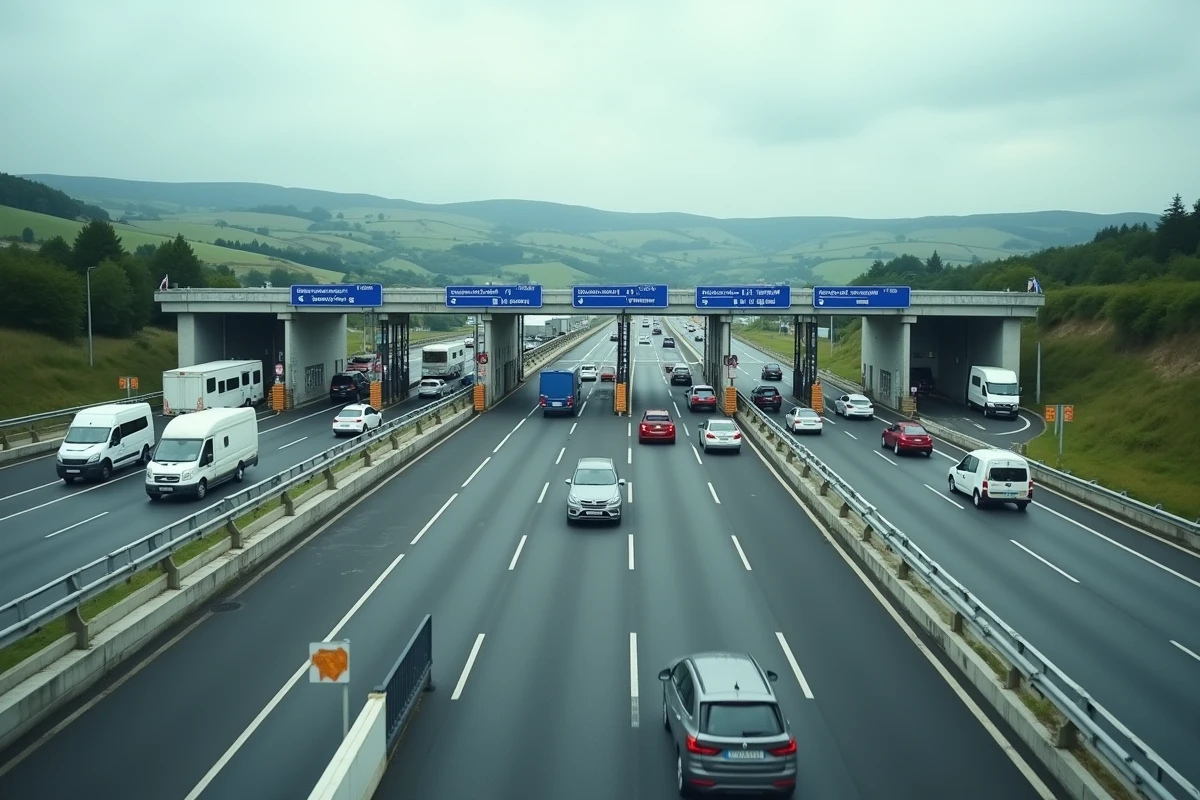 Péage d'autoroute française avec circulation dense lors d'un week-end prolongé gratuit