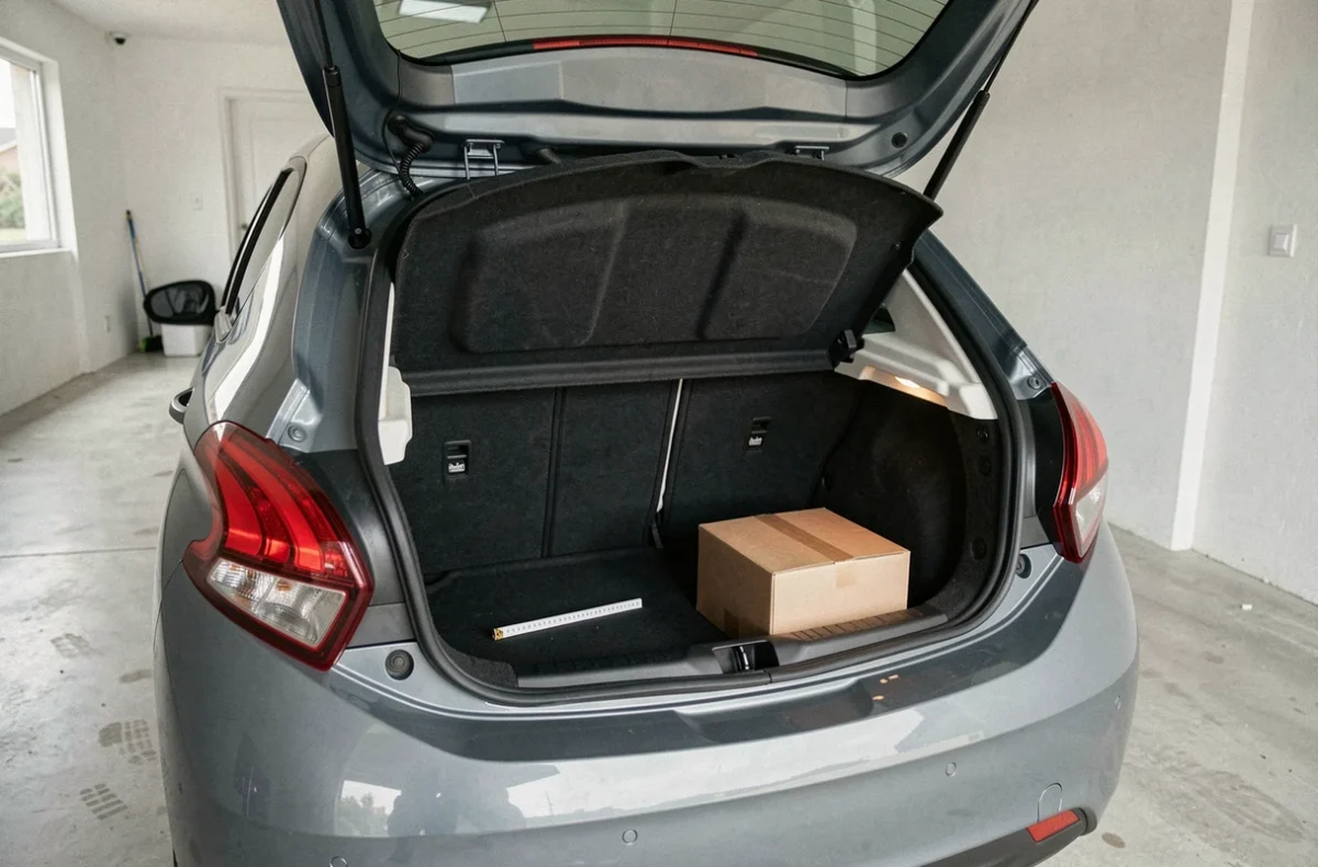 Coffre ouvert d'une Peugeot 208 grise avec mètre ruban illustrant le volume de chargement