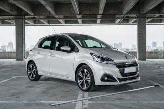 Vue trois quarts avant d'une Peugeot 208 blanche en parking urbain avec référence de dimensions au sol