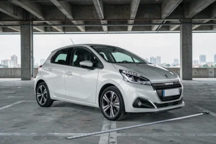 Vue trois quarts avant d'une Peugeot 208 blanche en parking urbain avec référence de dimensions au sol