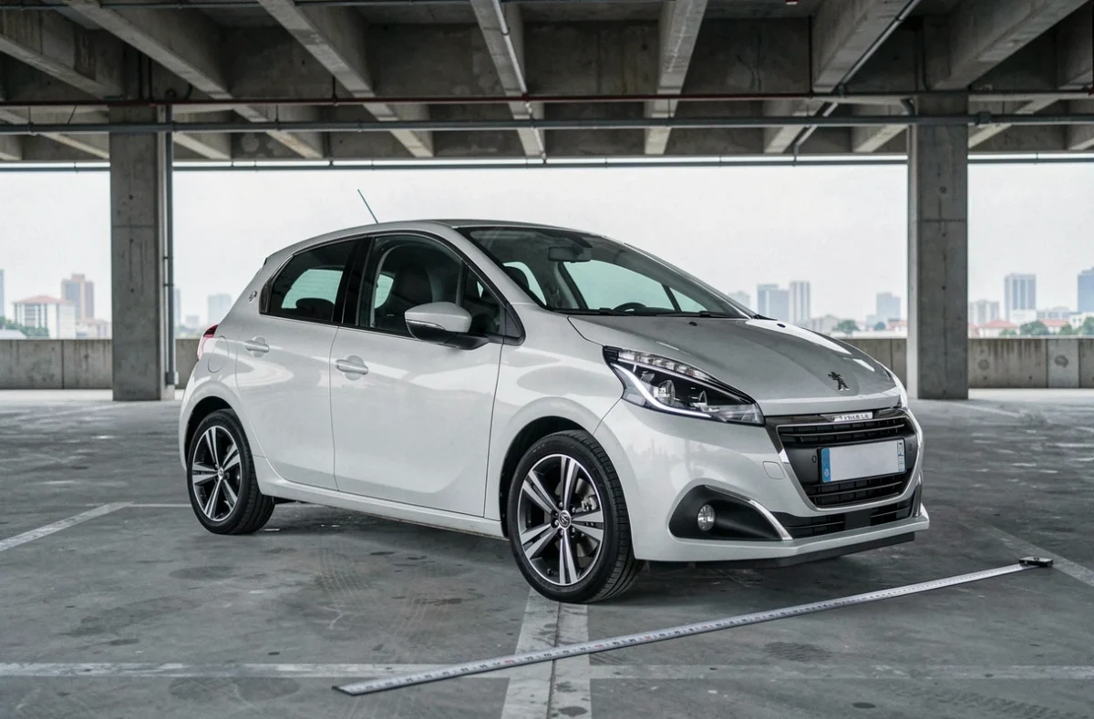 Vue trois quarts avant d'une Peugeot 208 blanche en parking urbain avec référence de dimensions au sol