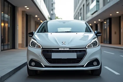 Peugeot 208 II génération en blanc nacré garée en milieu urbain vue de trois quarts avant