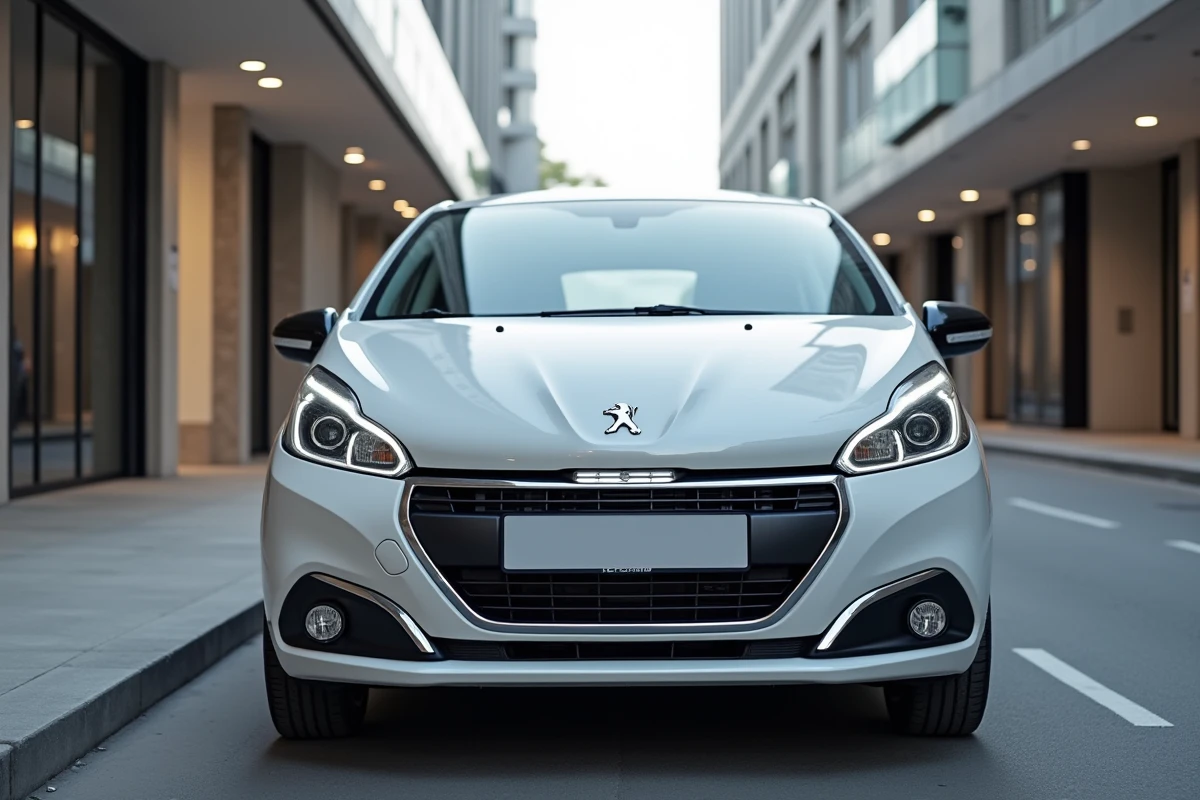 Peugeot 208 II génération en blanc nacré garée en milieu urbain vue de trois quarts avant