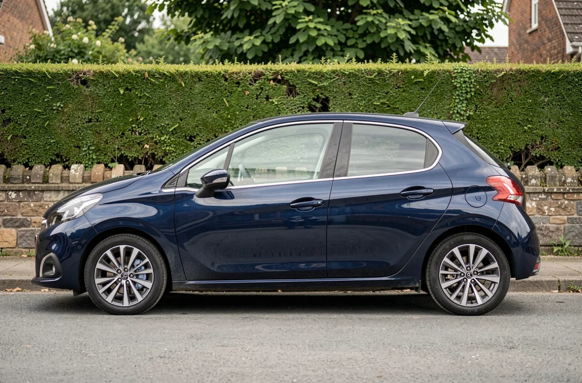Profil latéral complet d'une Peugeot 208 bleue montrant la longueur et la hauteur du véhicule
