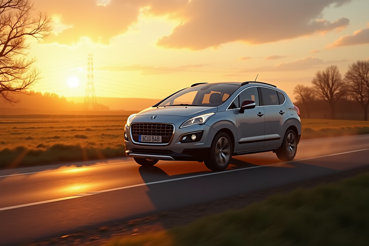 Peugeot 3008 en campagne au coucher du soleil