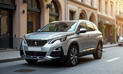 Voiture Peugeot 3008 argentée en ville ensoleillée