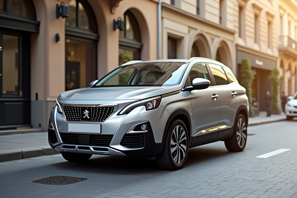 Voiture Peugeot 3008 argentée en ville ensoleillée