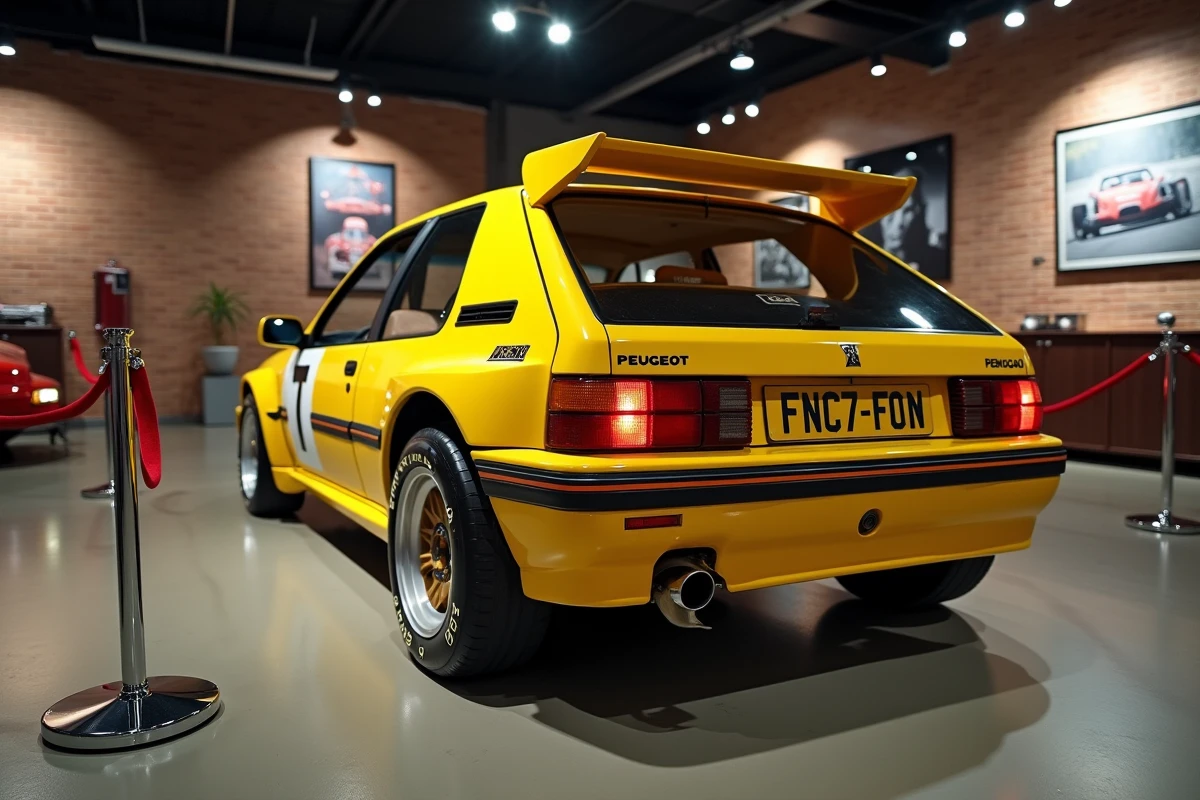 Peugeot 306 Maxi jaune en livrée compétition exposée dans une salle de collection privée, vue arrière 3/4