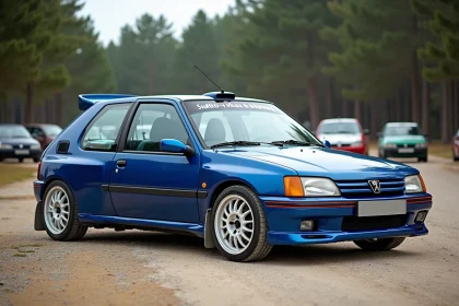 Peugeot 306 Maxi en livrée compétition dans un paddock de rallye, vue 3/4 avant sur sol de gravier