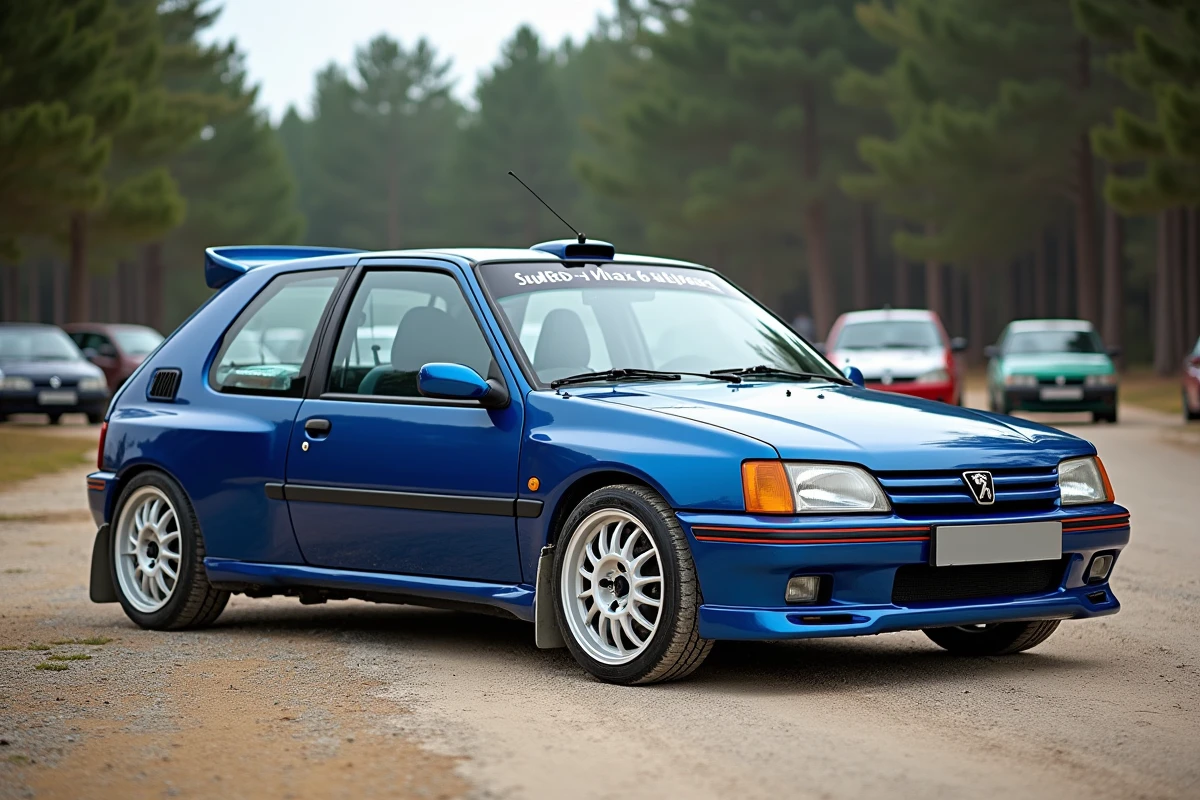 Peugeot 306 Maxi en livrée compétition dans un paddock de rallye, vue 3/4 avant sur sol de gravier