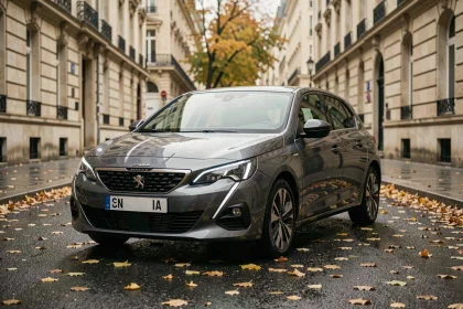 Peugeot 308 gris métallisé garée sur une rue urbaine française en automne, vue trois quarts avant