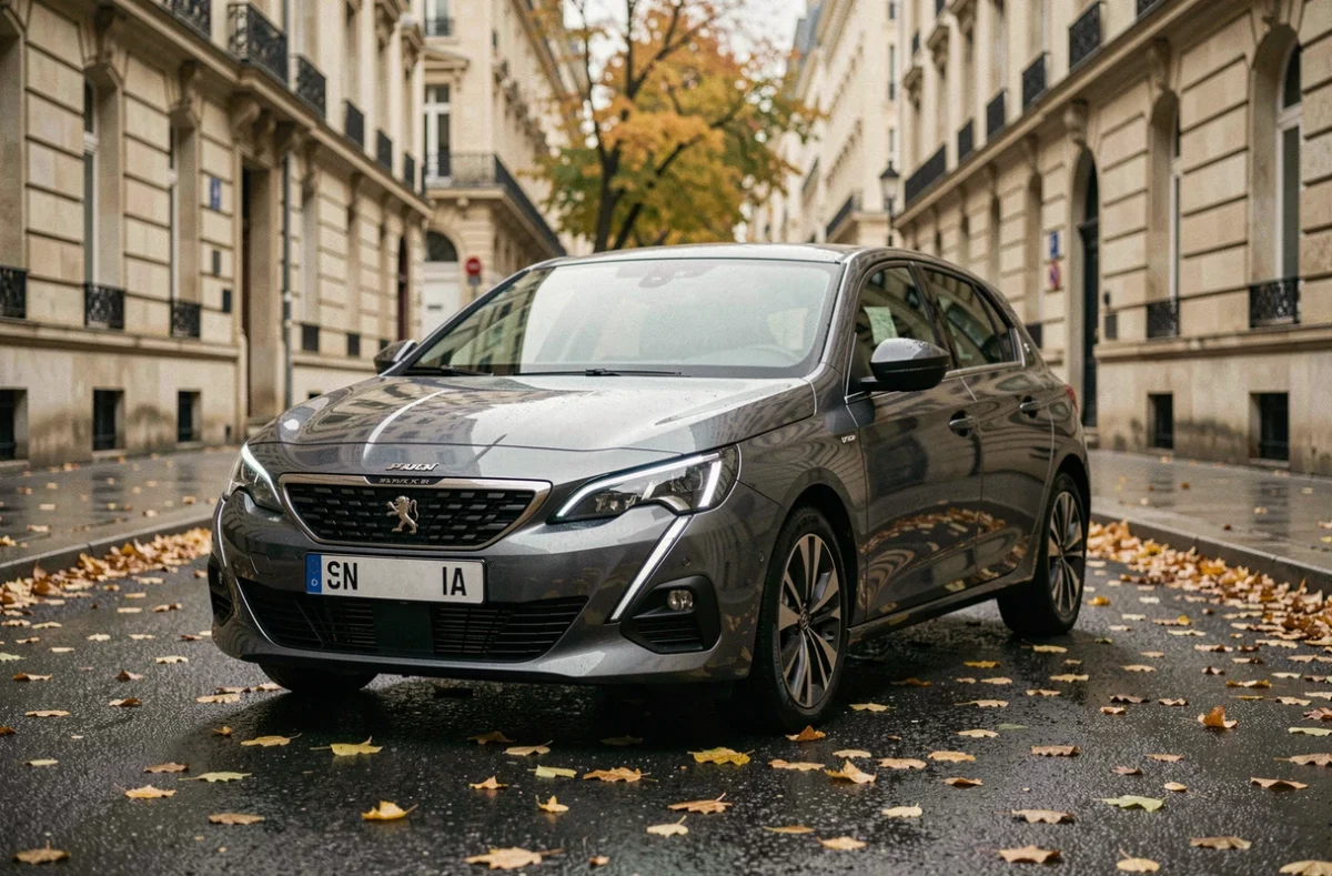 Peugeot 308 gris métallisé garée sur une rue urbaine française en automne, vue trois quarts avant