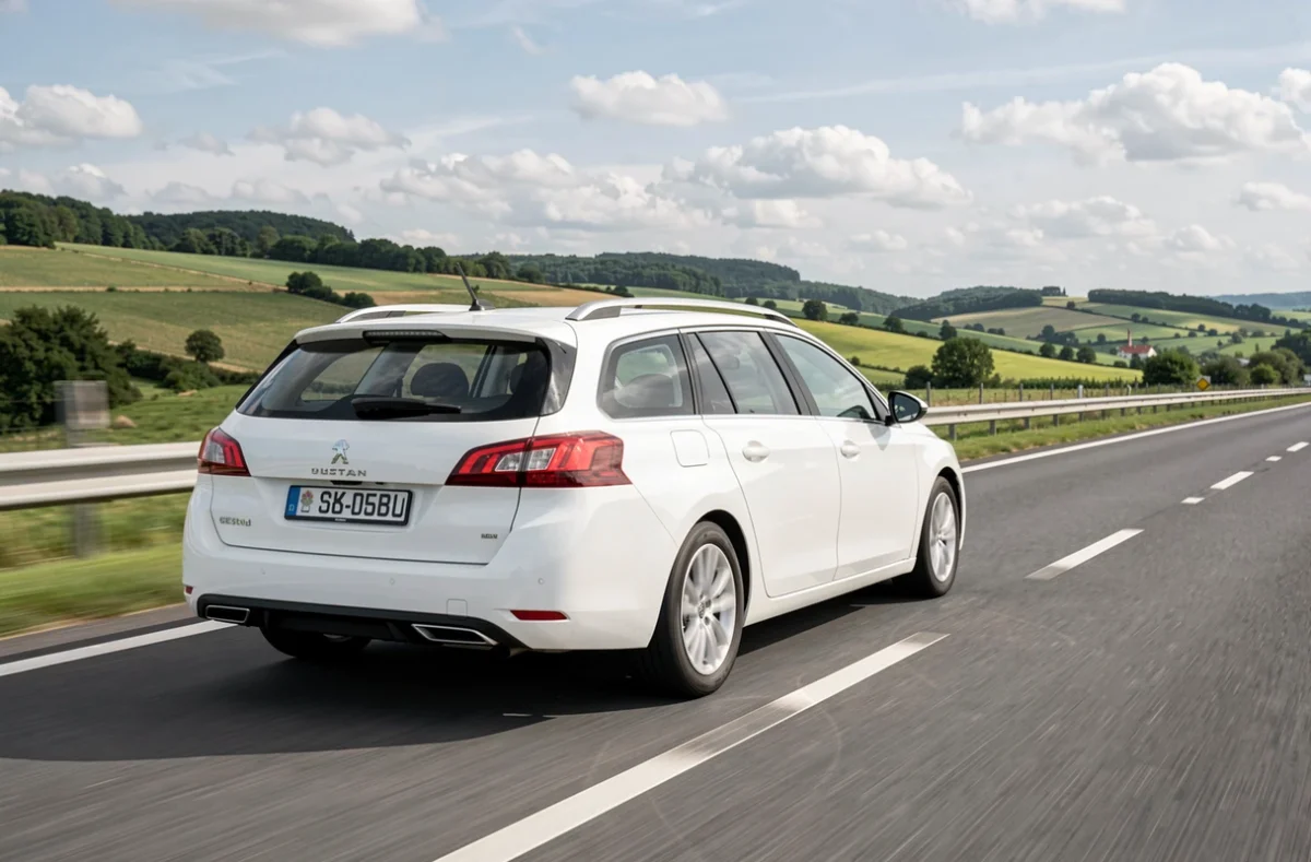 Peugeot 308 SW blanche en conduite sur autoroute avec paysage de campagne française