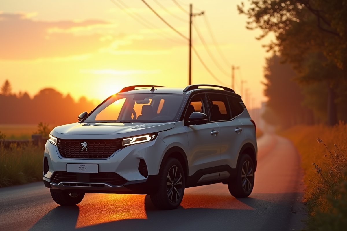 Voiture Peugeot Rifter 2024 en campagne au coucher du soleil