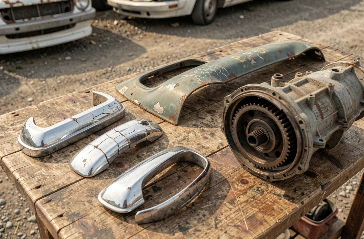 Pièces détachées de voiture ancienne disposées sur un établi dans une casse automobile
