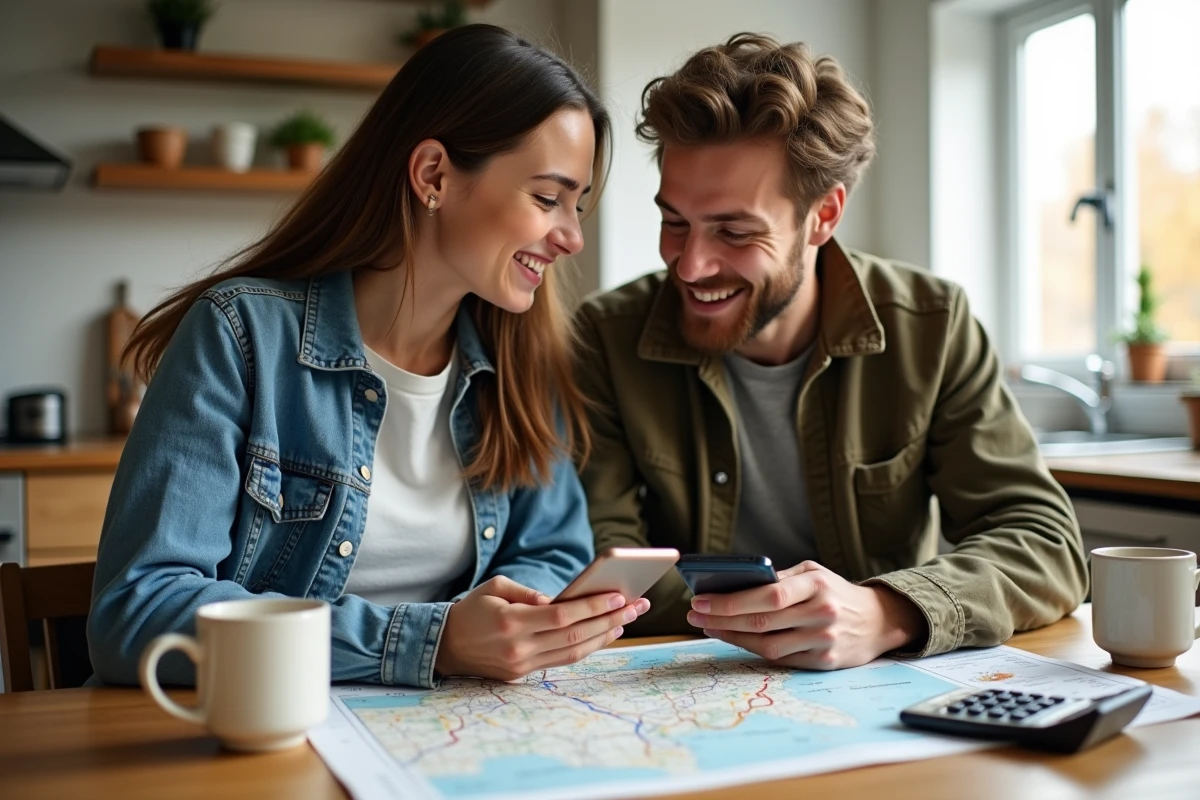 Couple planifiant un trajet routier en comparant le calcul manuel du coût d'essence avec des applications mobiles sur une table de cuisine