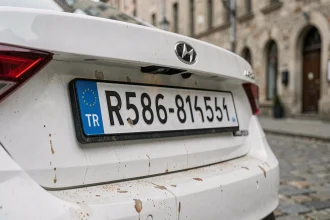 Plaque d'immatriculation TR turque sur une voiture blanche en milieu urbain européen en 2026