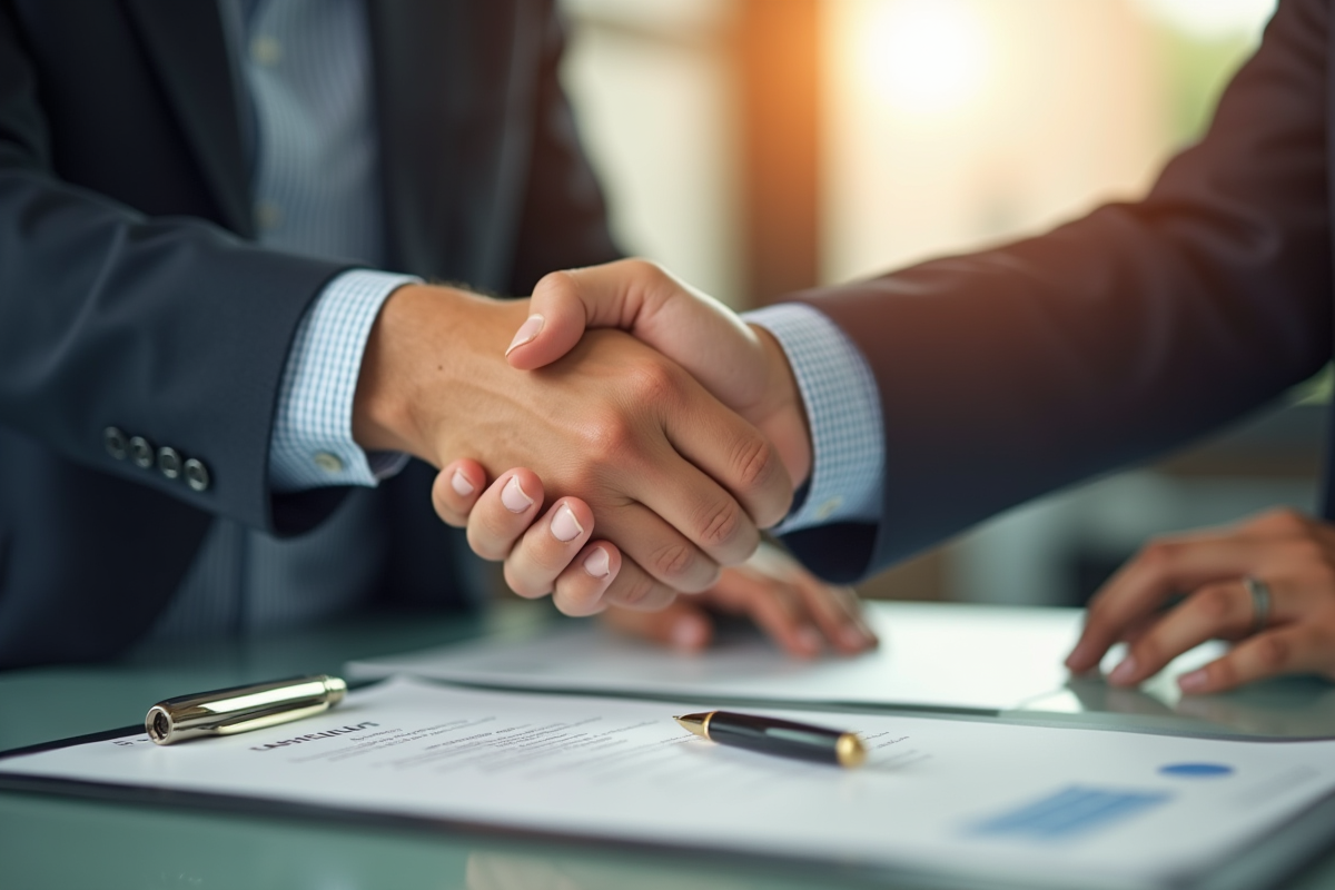 Poignée de main entre deux professionnels avec contrat et stylo