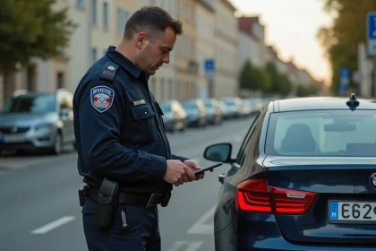 Policier français contrôlant une plaque d'immatriculation noire sur un véhicule lors d'un contrôle routier