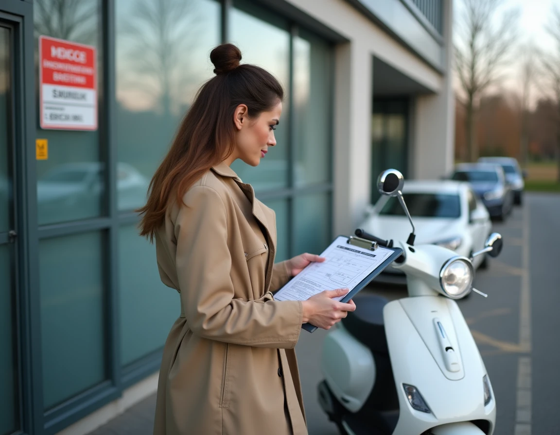 Propriétaire de scooter consultant les résultats de son contrôle technique devant un centre agréé