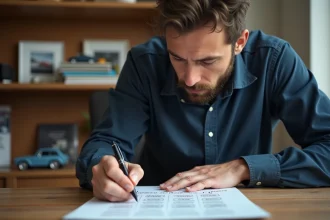 Homme remplissant un quiz automobile imprimé sur une marque de voiture en X, assis à un bureau en bois avec des magazines auto en arrière-plan