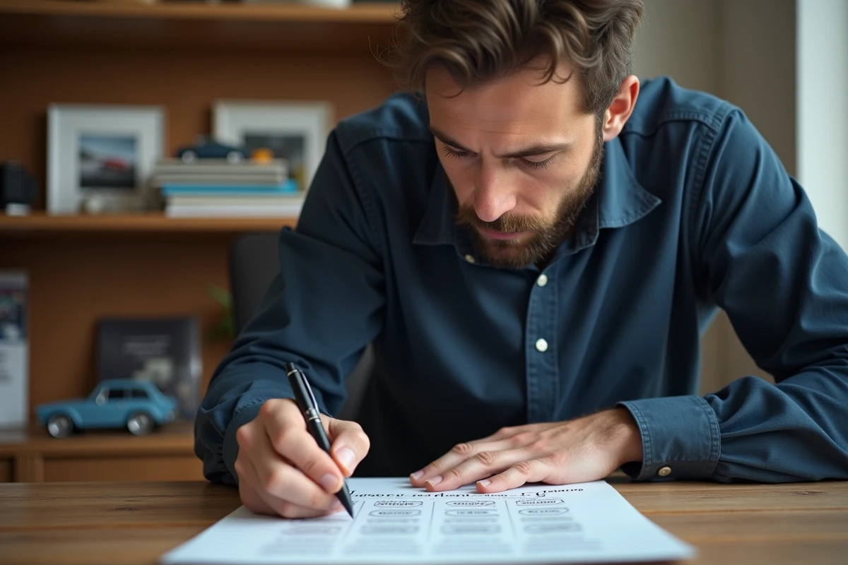 Homme remplissant un quiz automobile imprimé sur une marque de voiture en X, assis à un bureau en bois avec des magazines auto en arrière-plan