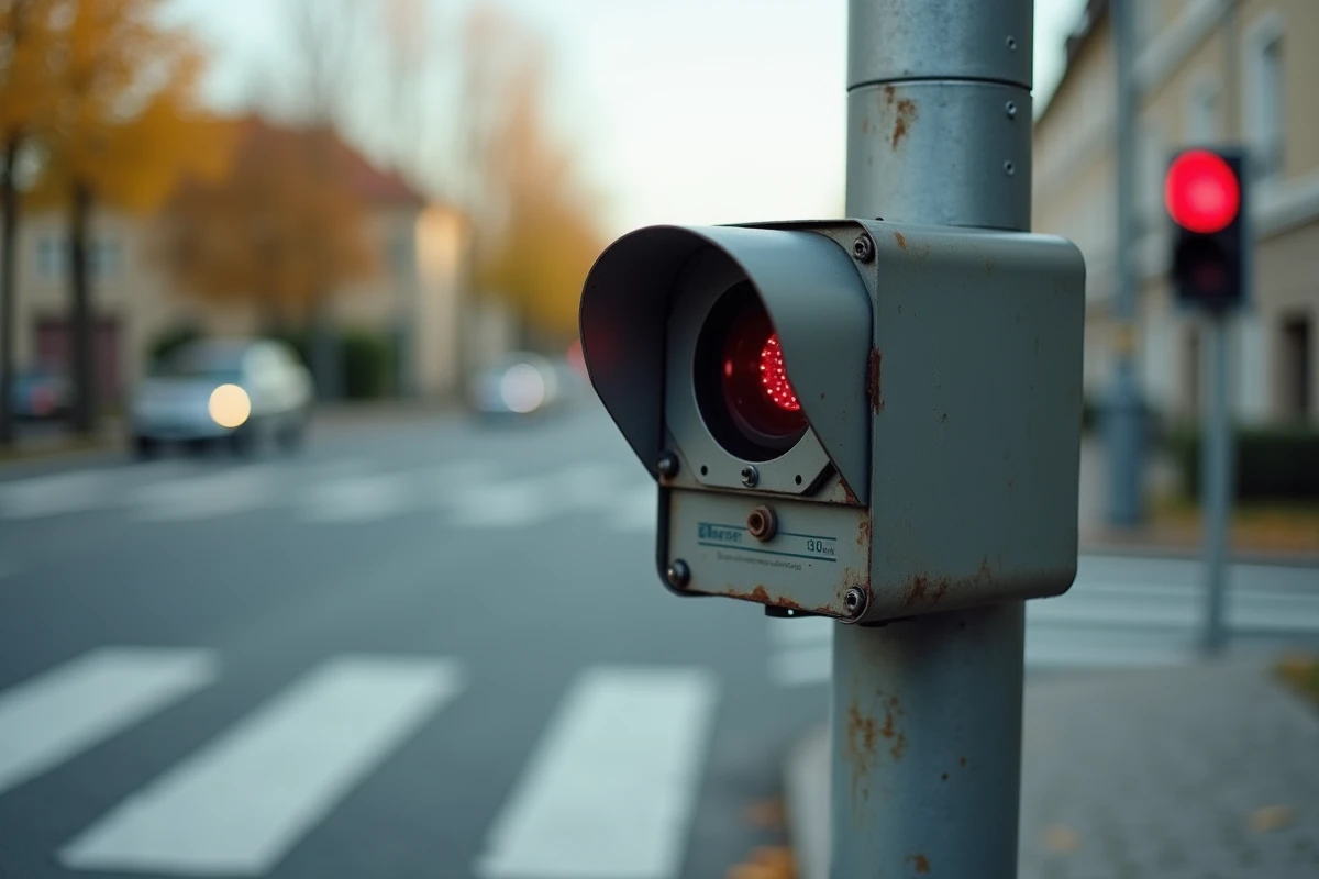 Radar de feu rouge photographié en gros plan sur un carrefour en France