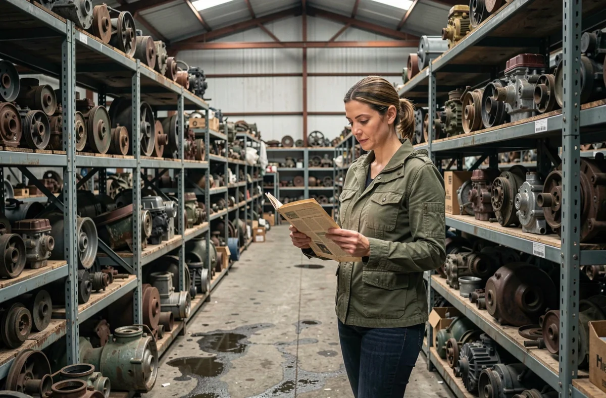 Femme cherchant des pièces détachées pour voiture ancienne dans un entrepôt de casse AES Plan de Campagne