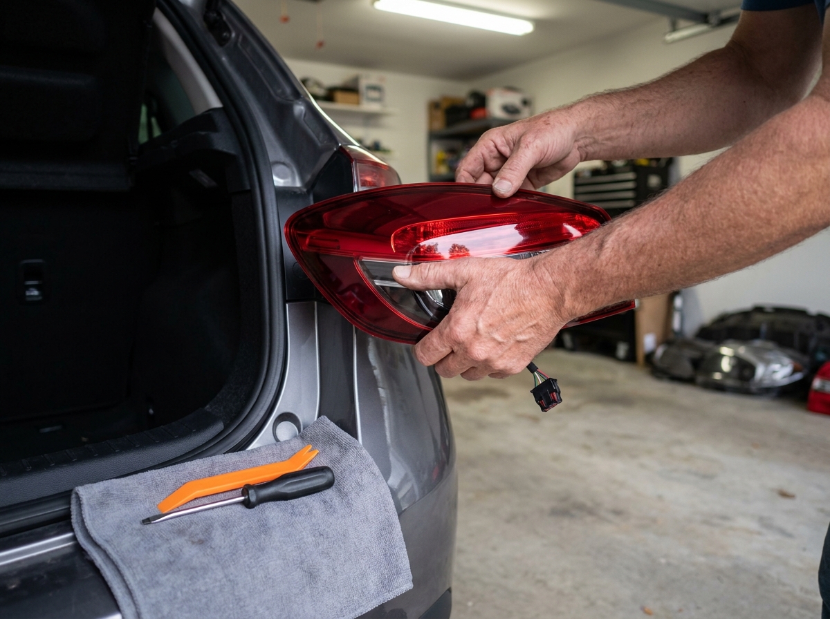 Remplacement d'un feu arrière neuf sur une Renault Mégane 3, mains vissant le bloc optique en place dans le coffre