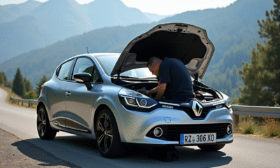 Renault Clio 2 V6 en réparation sur une route de montagne