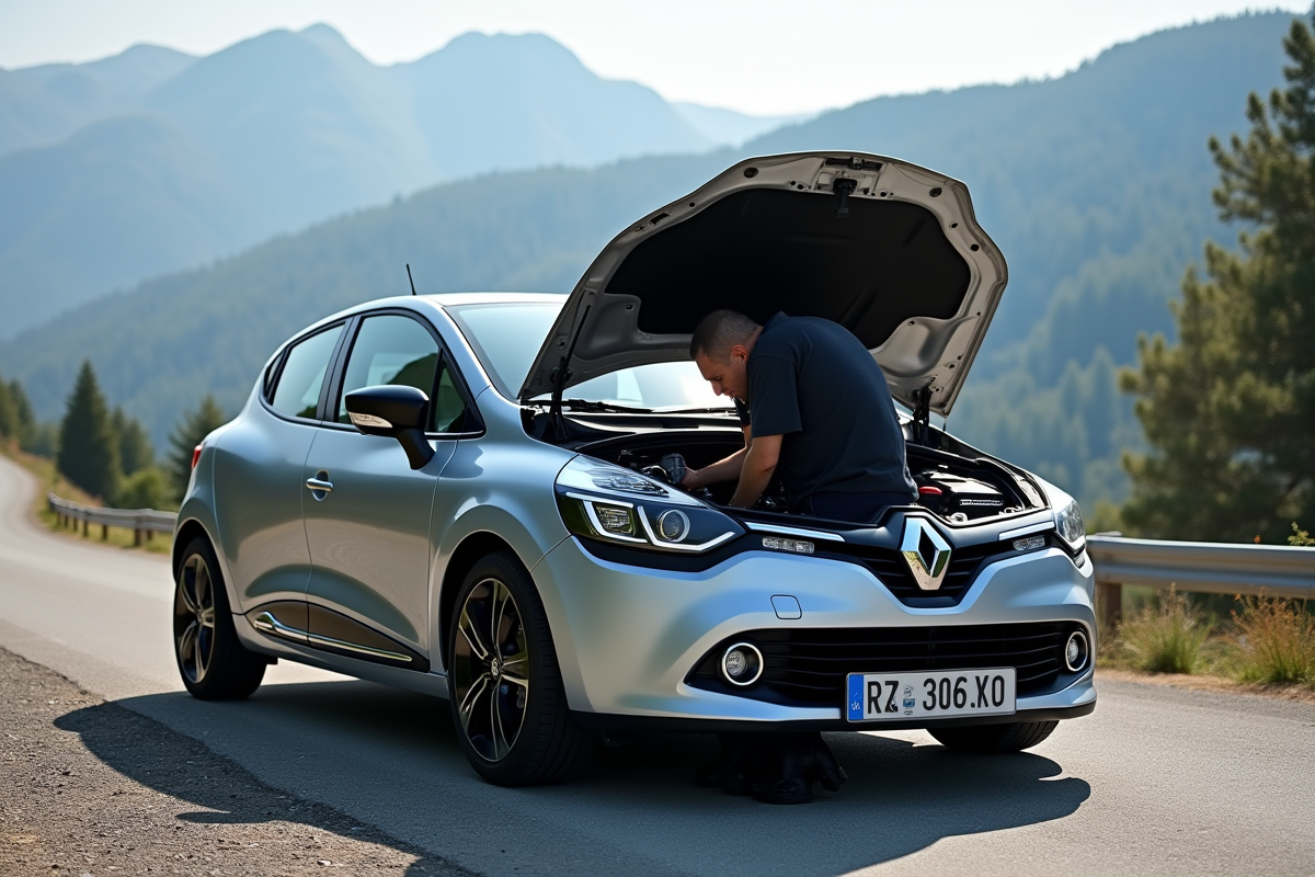 Renault Clio 2 V6 en réparation sur une route de montagne