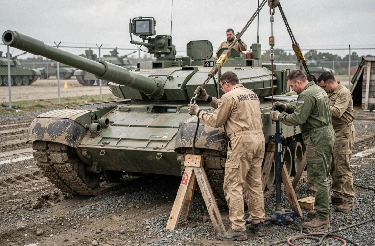 Équipe de mécaniciens REME procédant au démontage du tourelle d'un char Challenger 2 sur un site de réparation de campagne