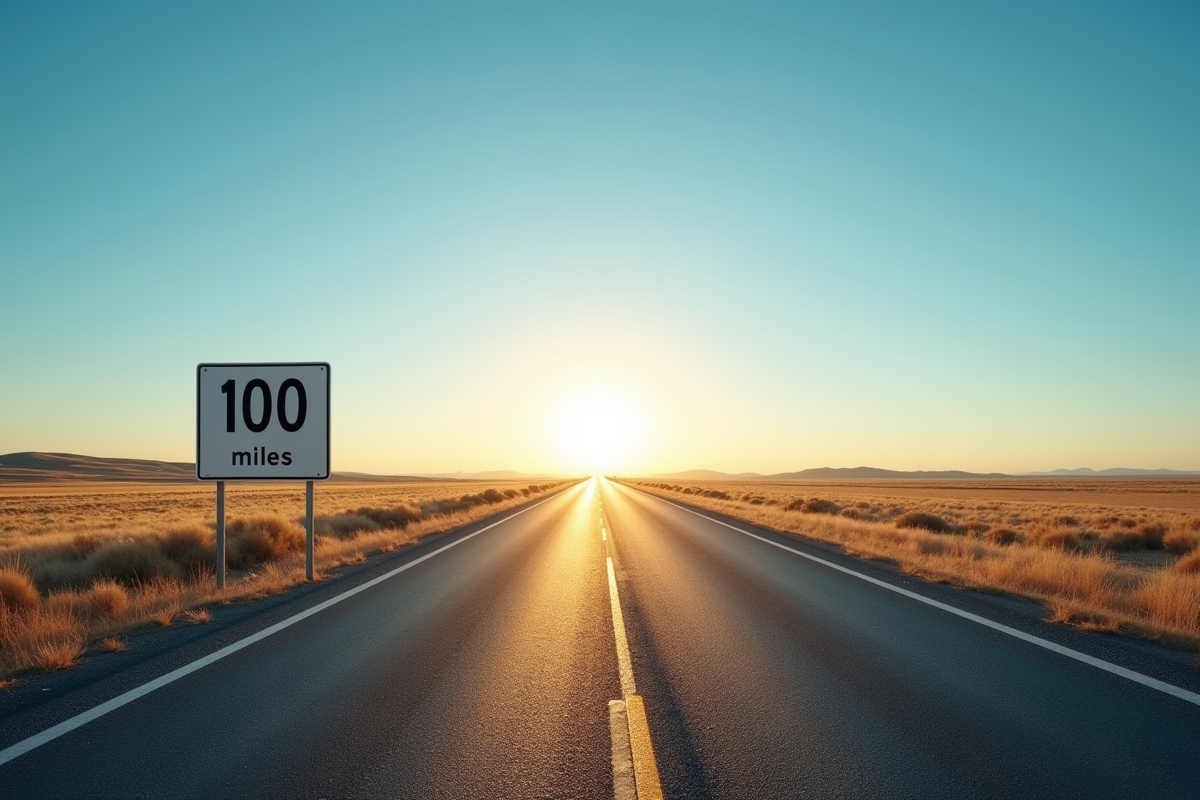 Route droite avec panneau indiquant 100 miles au coucher du soleil