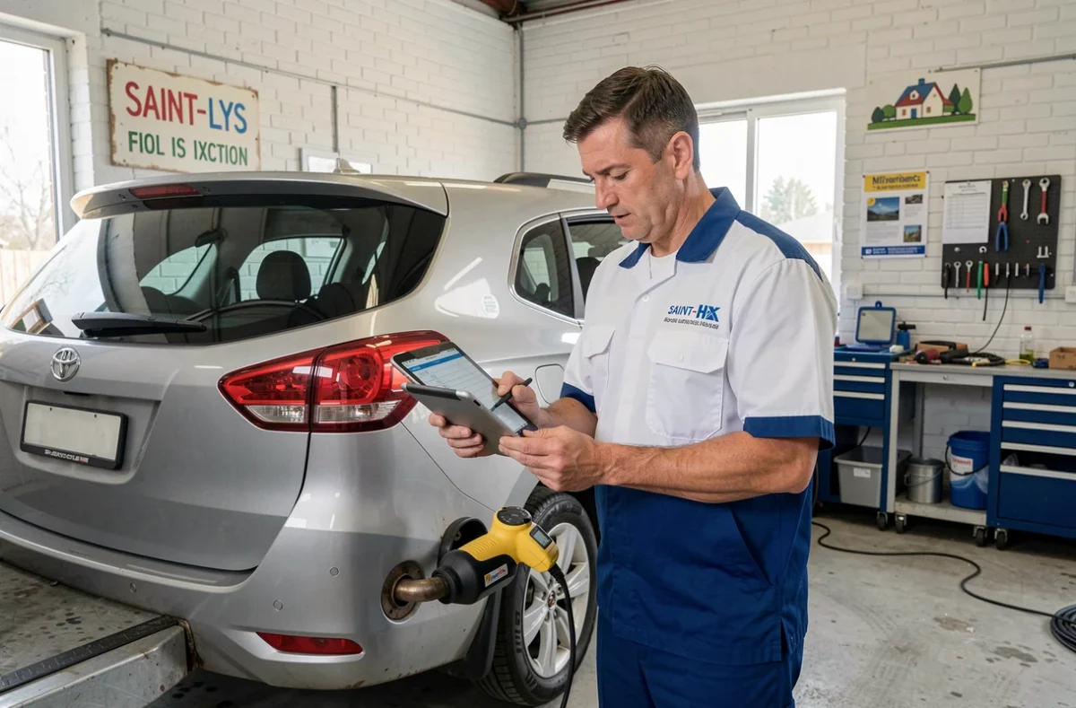 Technicien effectuant un contrôle de conformité sur un monospace familial au centre Saint-Lys Auto Bilan