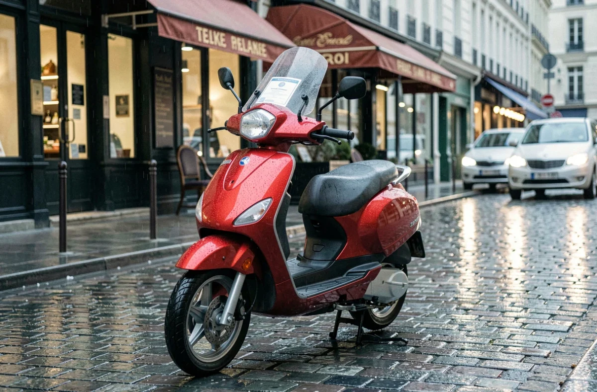 Scooter 125cc rouge garé sur des pavés mouillés avec certificat d'assurance visible sous le pare-brise