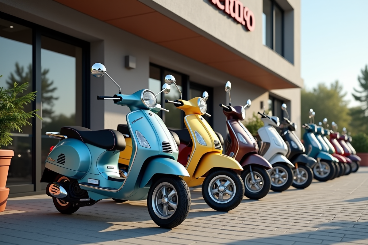 Différents modèles de scooters sans plaques dans un concessionnaire français
