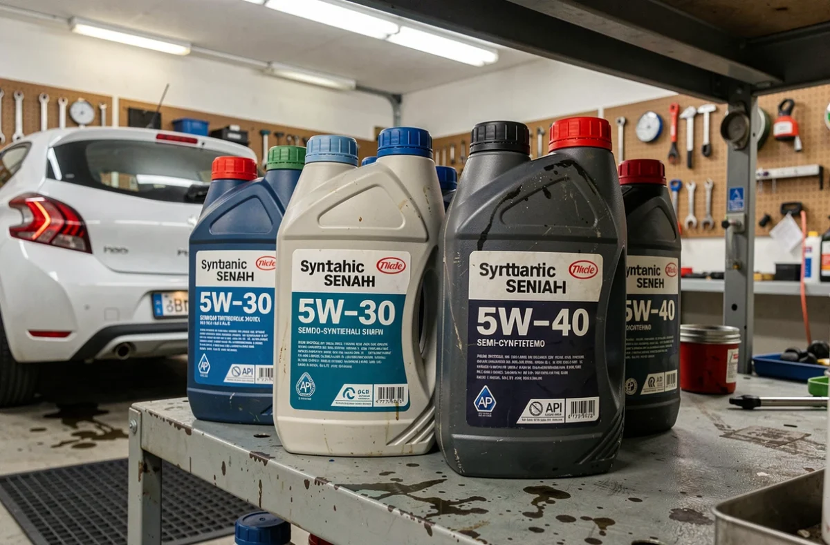 Sélection de bidons d'huile moteur synthétique et semi-synthétique pour Peugeot 208 essence sur une étagère de garage