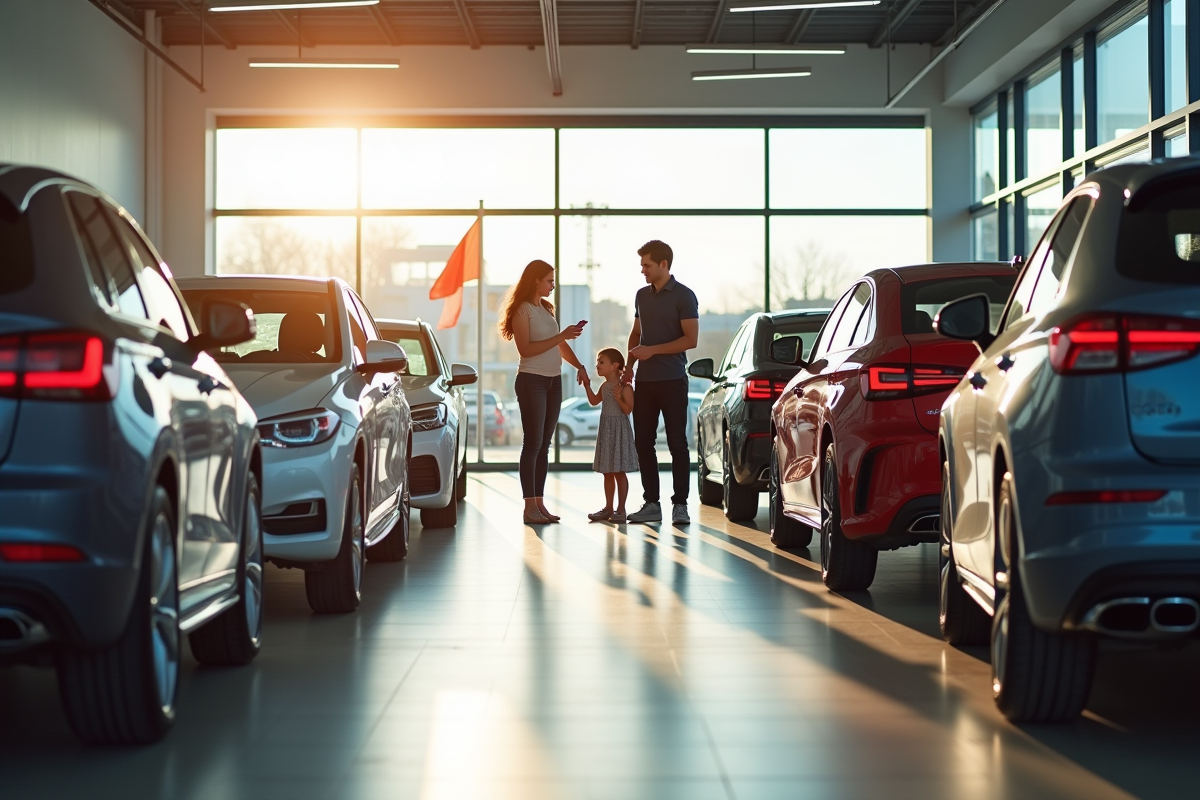 Showroom de voitures en France avec famille et drapeaux français