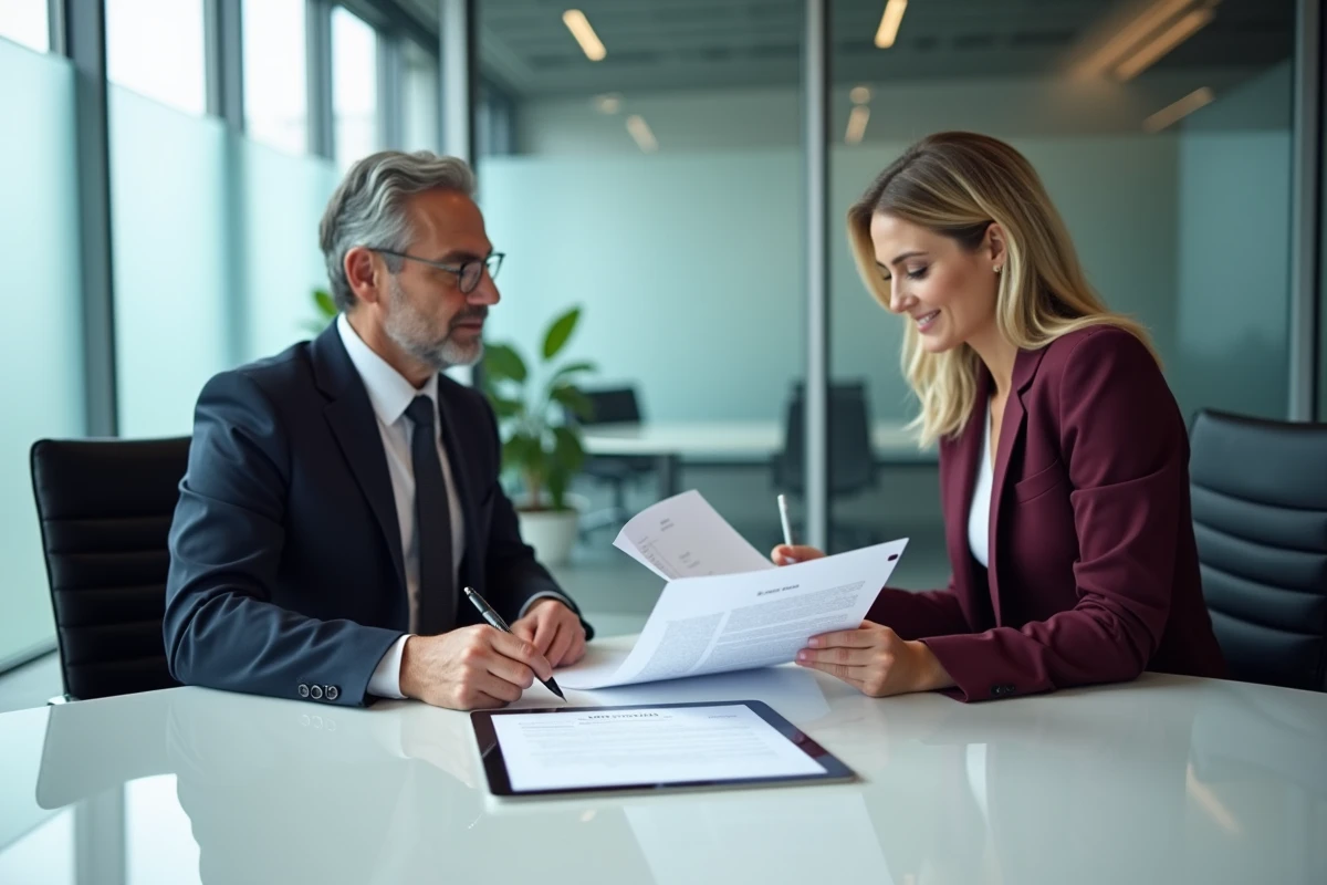 Deux professionnels signant un document de cession de vente PDF conforme lors d'une réunion en salle de conférence moderne