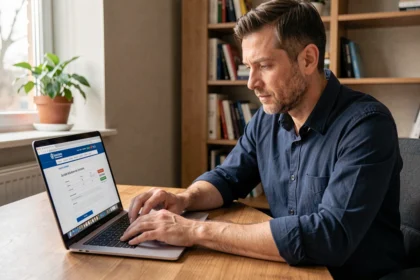 Homme souscrivant une assurance 125cc en ligne sur son ordinateur portable dans un bureau à domicile