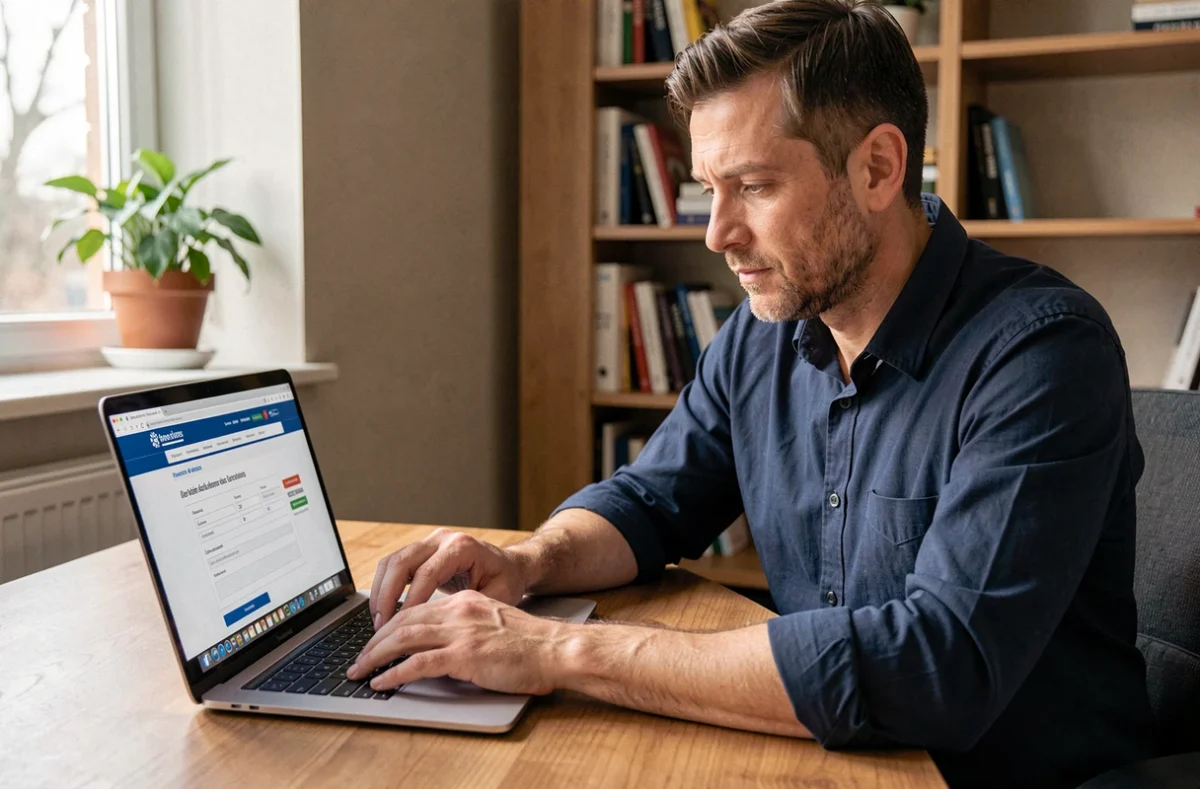 Homme souscrivant une assurance 125cc en ligne sur son ordinateur portable dans un bureau à domicile