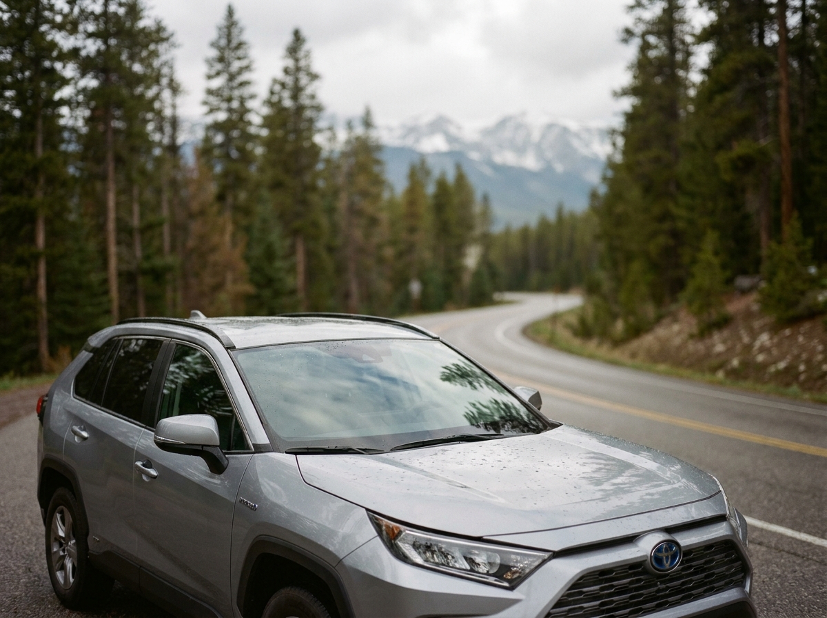 SUV hybride argent garé sur une route de montagne entourée de sapins, vue trois-quarts avant