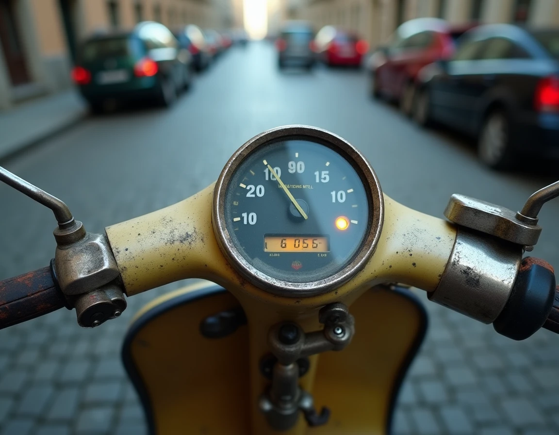 Tableau de bord d'un scooter usagé avec voyant d'alerte allumé symbolisant les défauts au contrôle technique