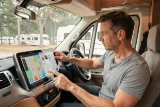 Homme utilisant un tableau de bord connecté avec écran tactile dans un camping-car moderne pour gérer la navigation et la domotique à bord