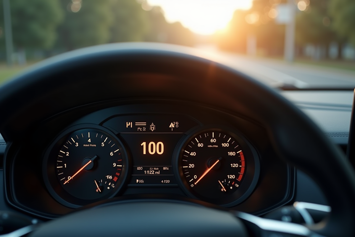 Dashboard moderne avec compteur digital indiquant 100 miles