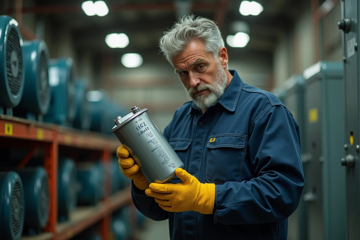 Technicien électricien inspectant un condensateur de moteur électrique en atelier industriel