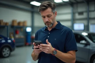 Technicien automobile tenant un détecteur de traceur GPS dans un atelier professionnel