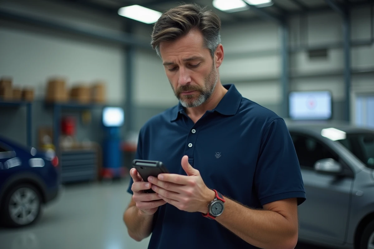 Technicien automobile tenant un détecteur de traceur GPS dans un atelier professionnel